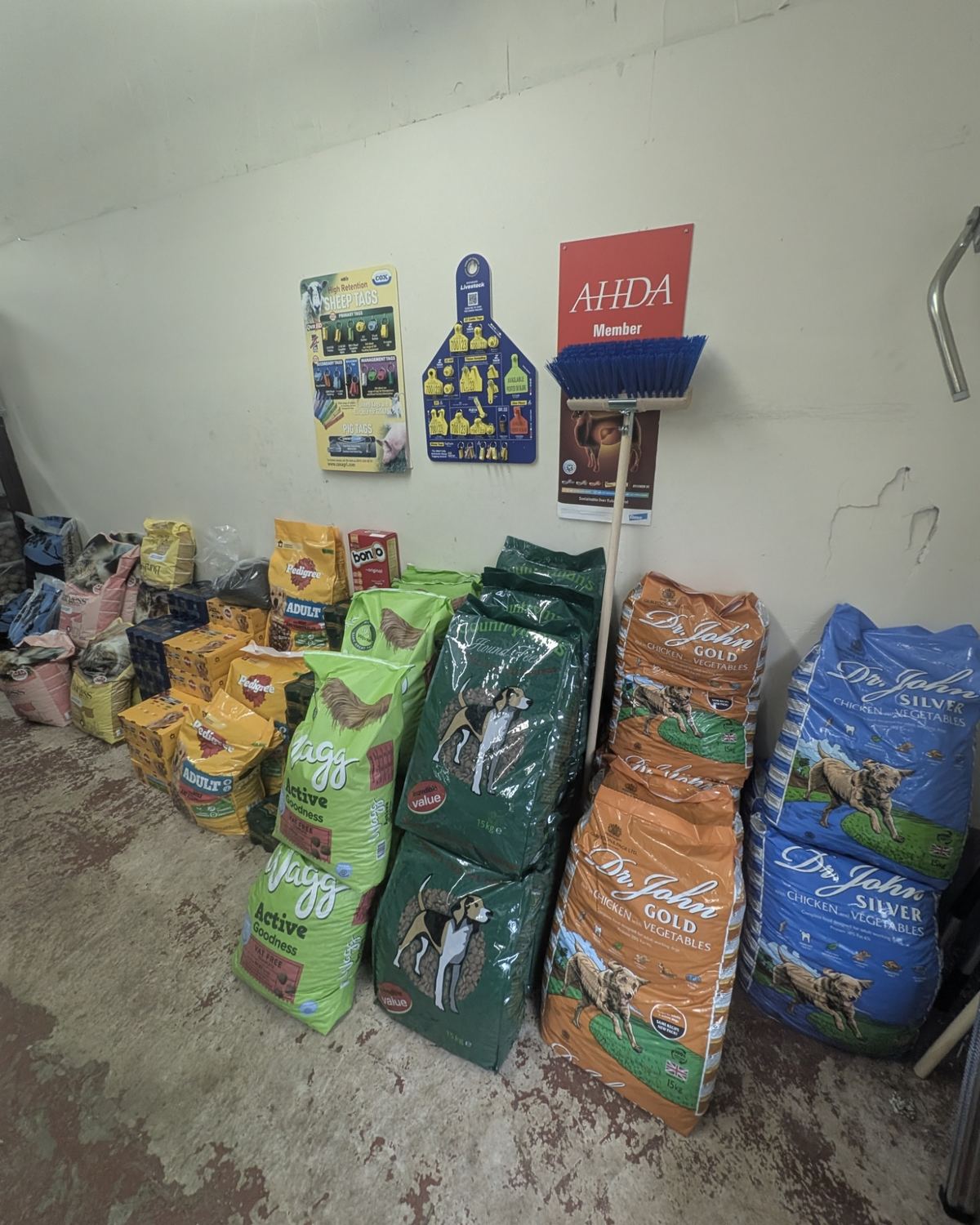 Bags of dog food stacked in the store at Langwathby